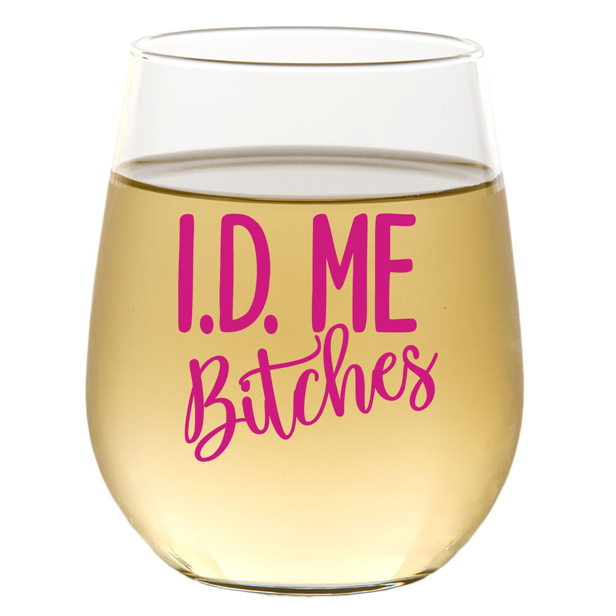 CEDAR CRATE MARKET 21st birthday glass with ID ME BITCHES for festive toasts.