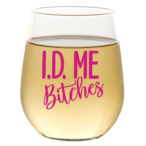 CEDAR CRATE MARKET 21st birthday glass with ID ME BITCHES for festive toasts.