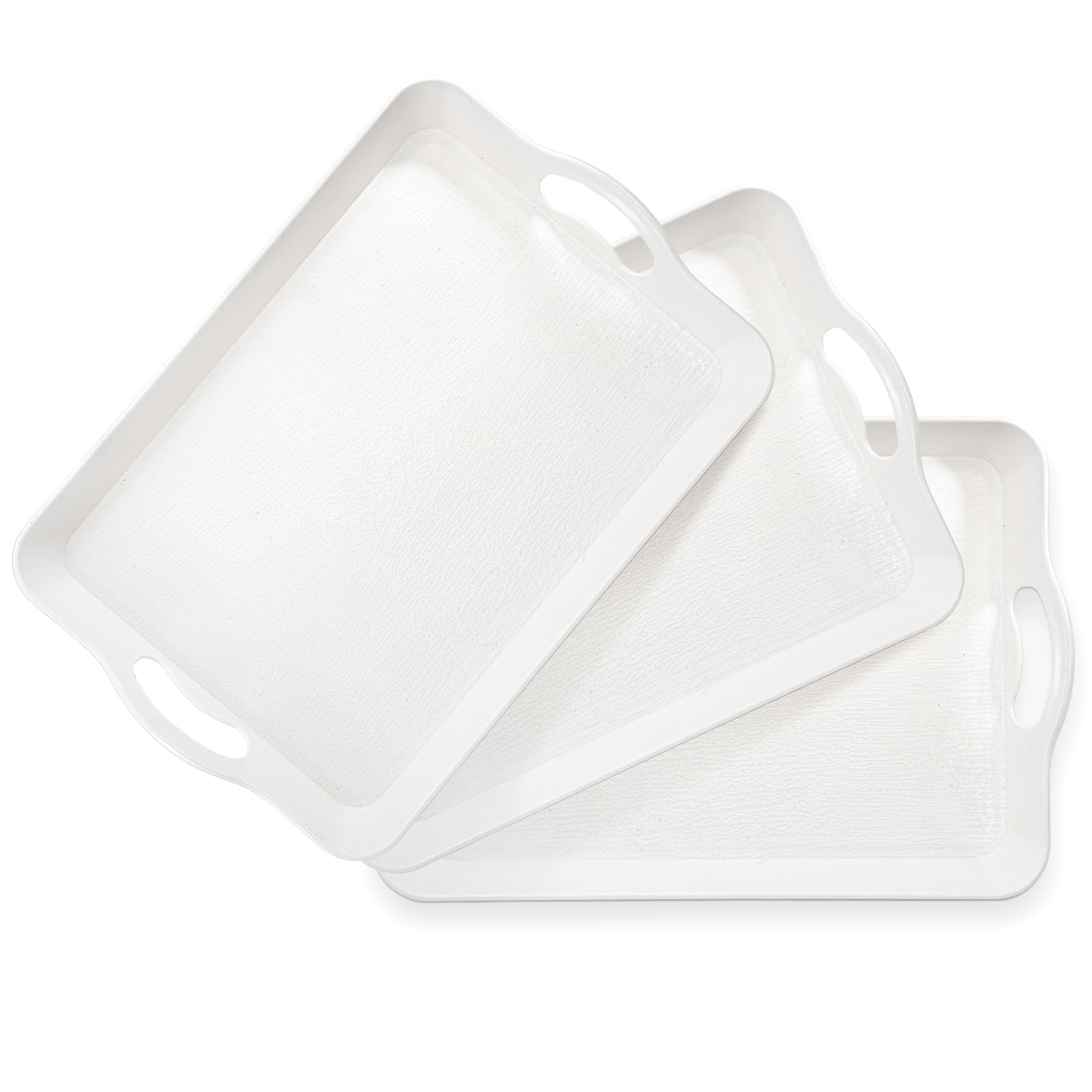 Cedilis 3-pack serving trays with rectangular white handles for easy transport.