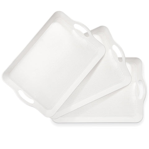 Cedilis 3-pack serving trays with rectangular white handles for easy transport.