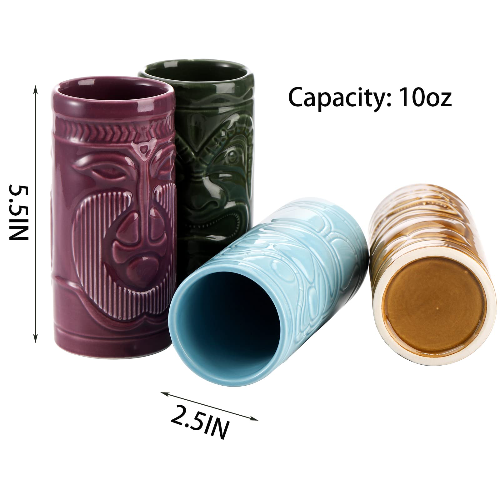 Cedilis tiki mugs face detail highlights four vibrant hues for festive gatherings.