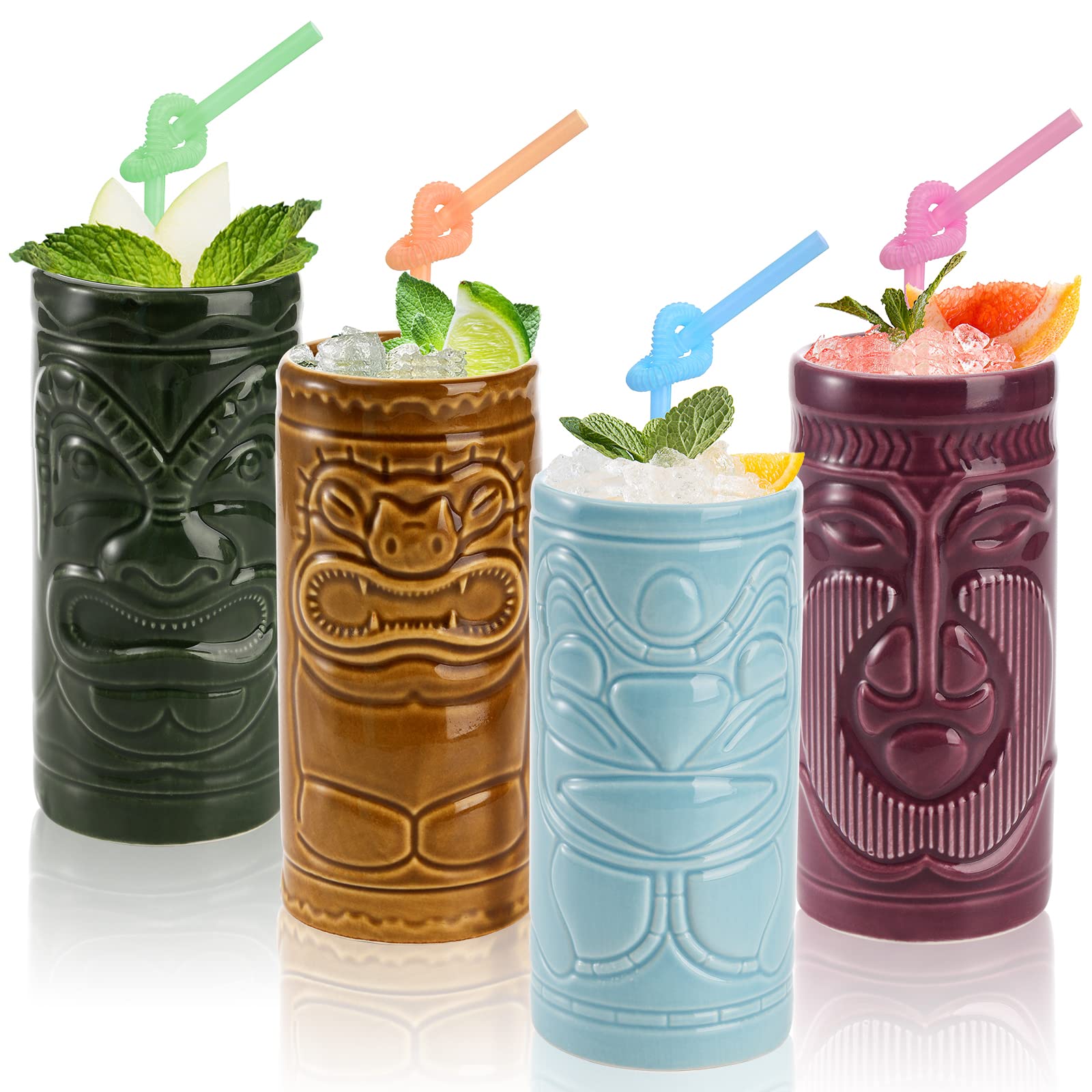 Cedilis 4 Pack Ceramic Tiki Mugs front view showcases sturdy ceramic ideal for tropical cocktails.