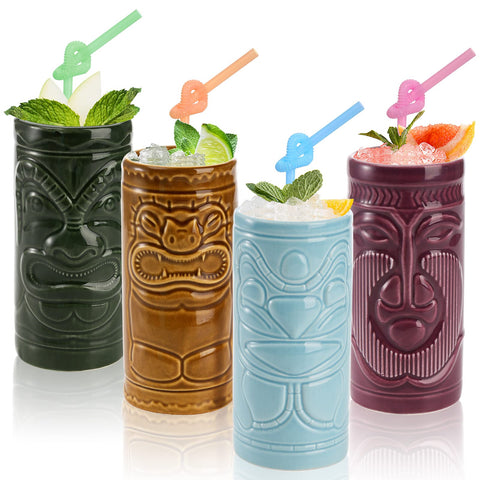 Cedilis 4 Pack Ceramic Tiki Mugs front view showcases sturdy ceramic ideal for tropical cocktails.