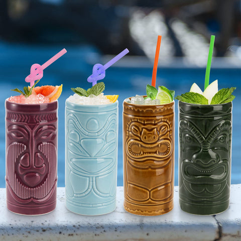 Cedilis tiki mugs glaze colors blue green yellow purple perfect for tropical serveware.