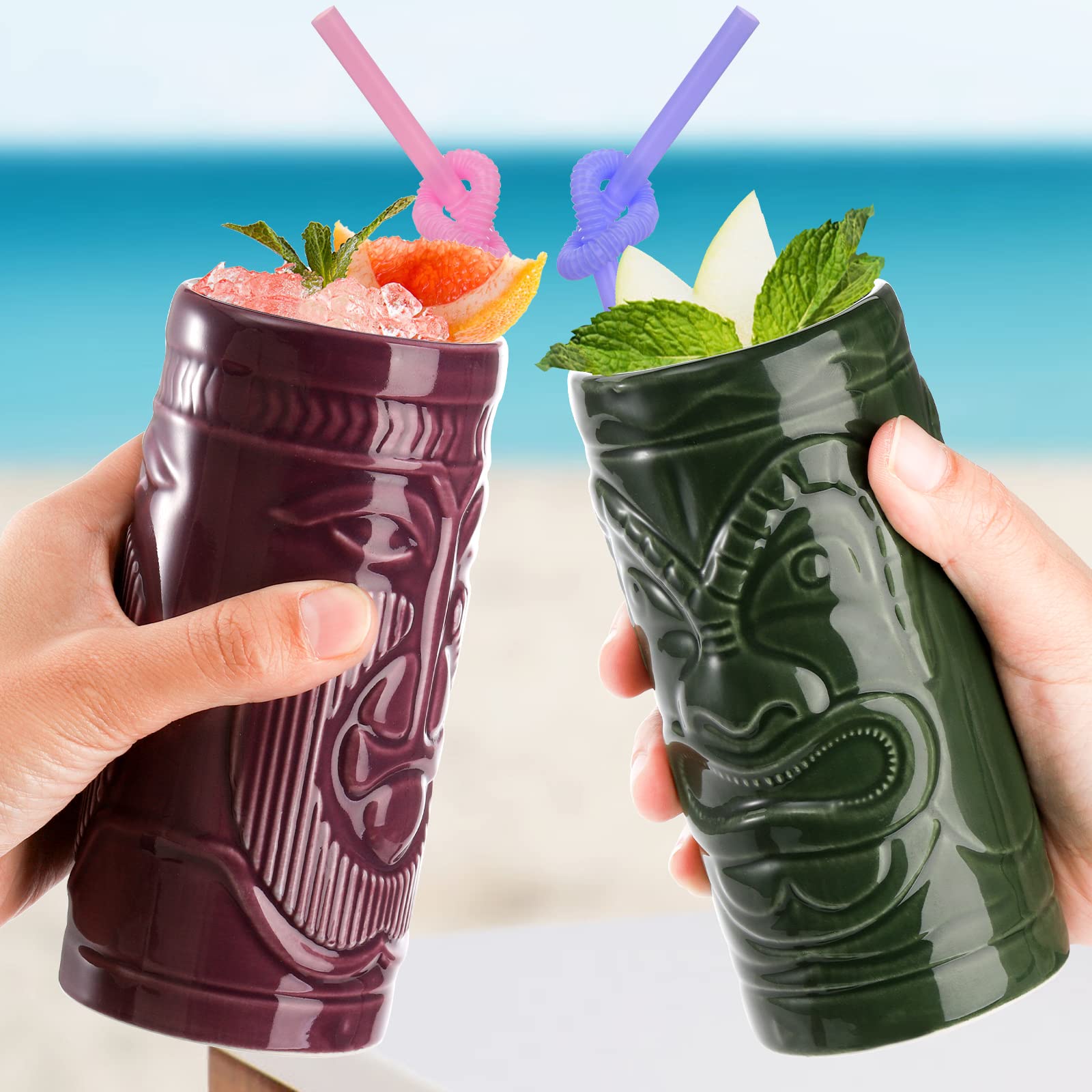 Cedilis 4 Pack Ceramic Tiki Mugs side view emphasizes 10 oz capacity for drinks.