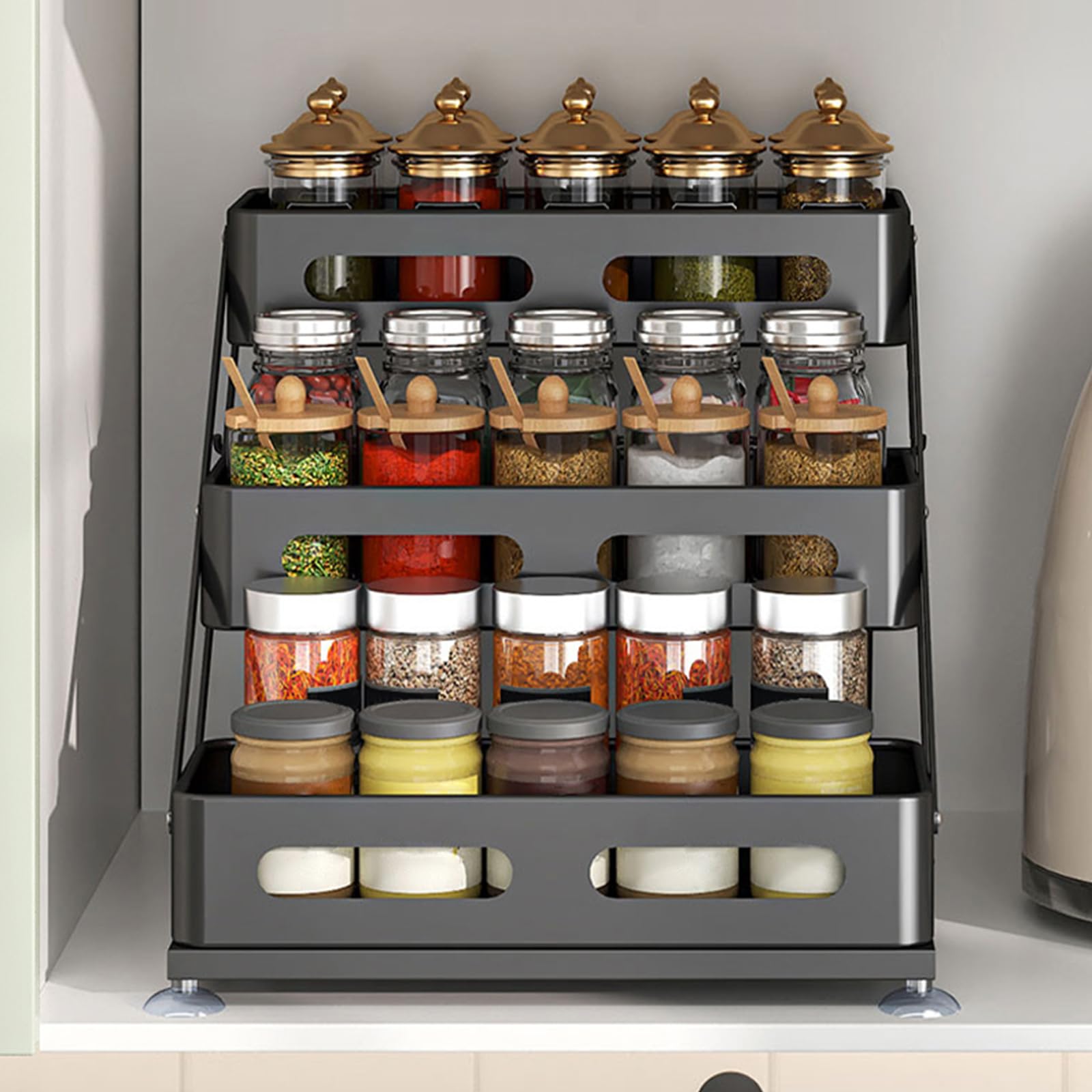 Ceetug 3-Tier rack works on countertop or inside a cabinet.