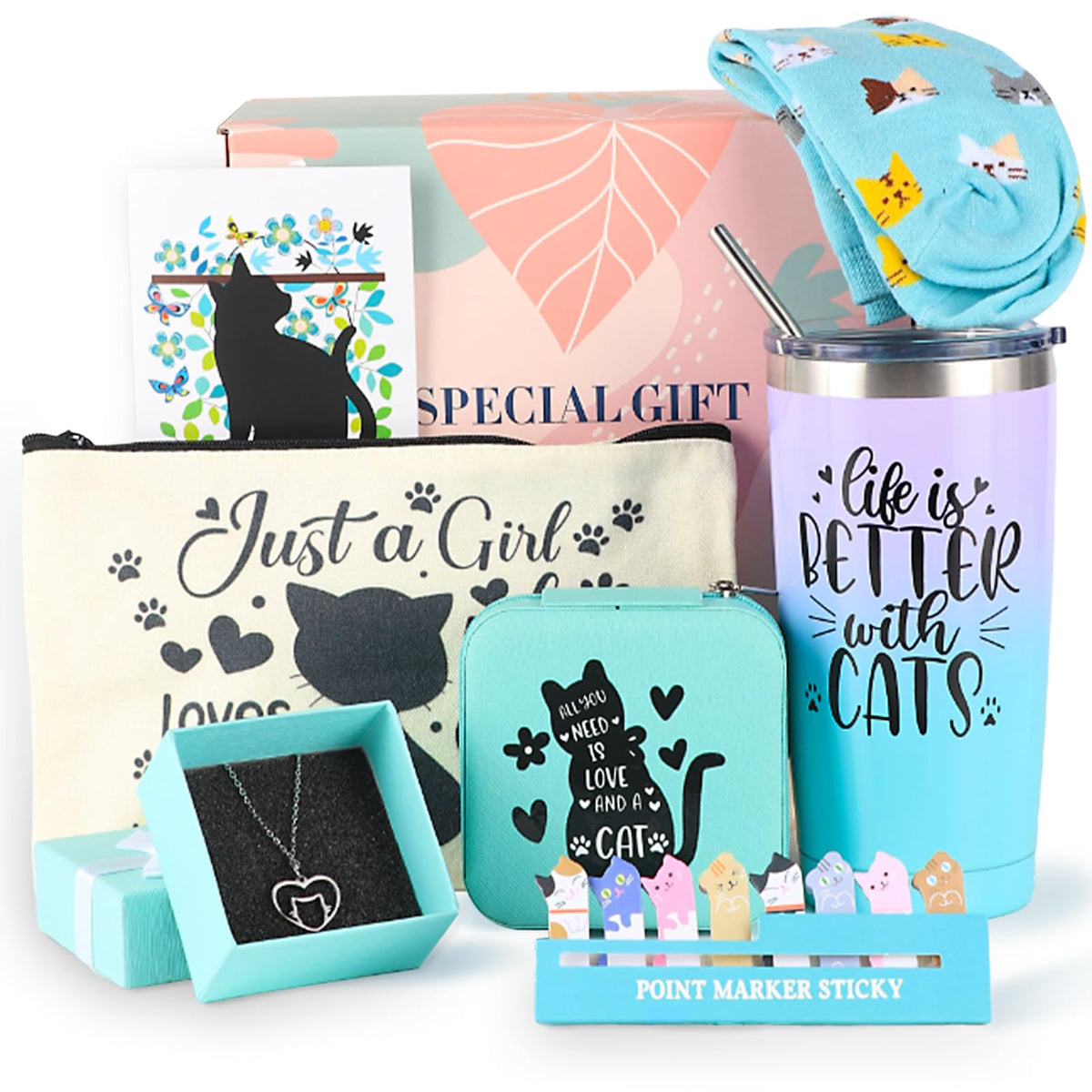 Cefanty cat lover gift basket with a 20 oz tumbler for beverages