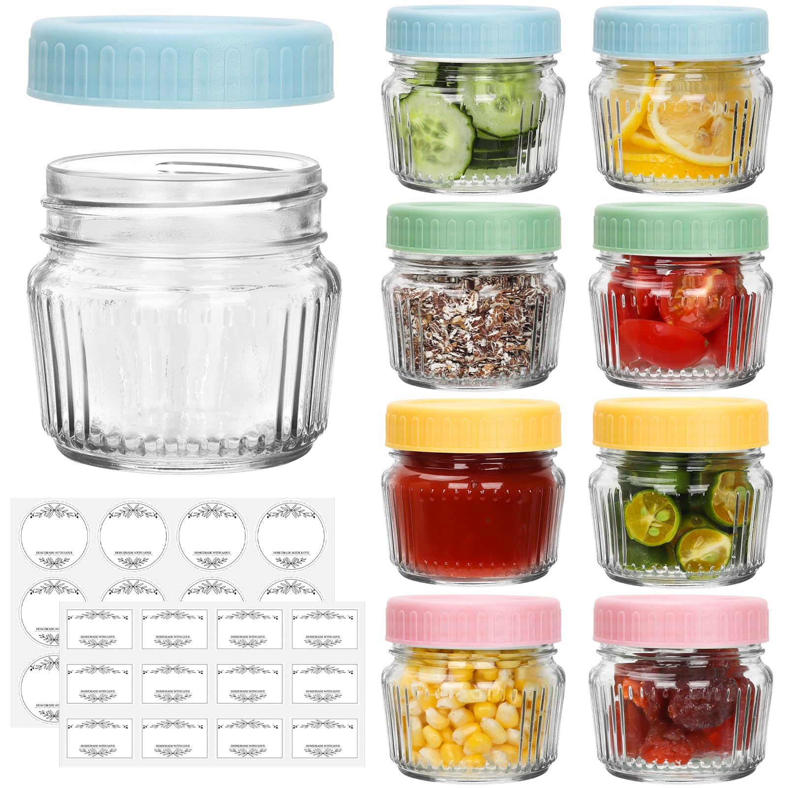 Cehomi 4oz mini jar with clear glass and colorful lids, ideal for portable snacks