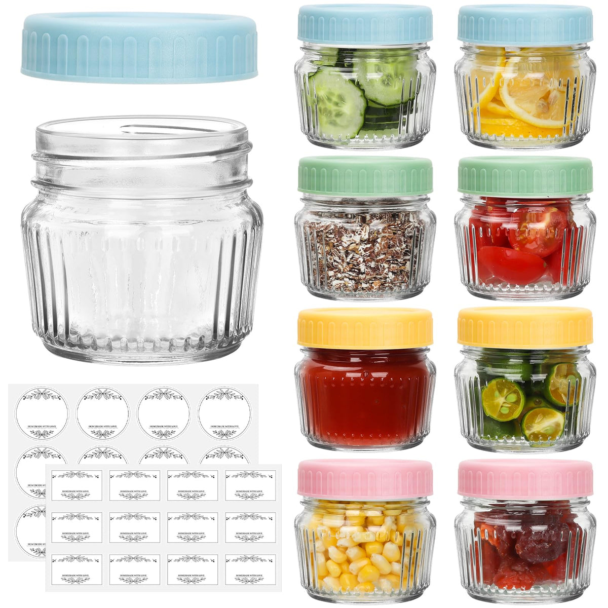Cehomi 4oz mini jar with clear glass and colorful lids, ideal for portable snacks