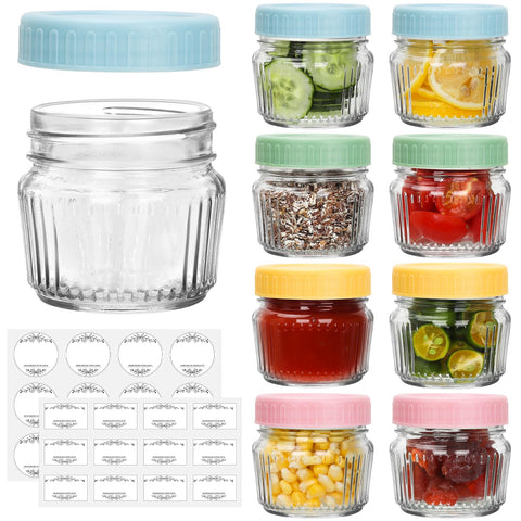 Cehomi 4oz mini jar with clear glass and colorful lids, ideal for portable snacks