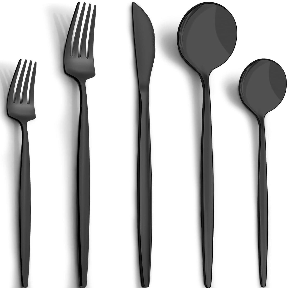 CEKEE 40-piece matte black silverware set for eight on a stylish table, durable and corrosion resistant.