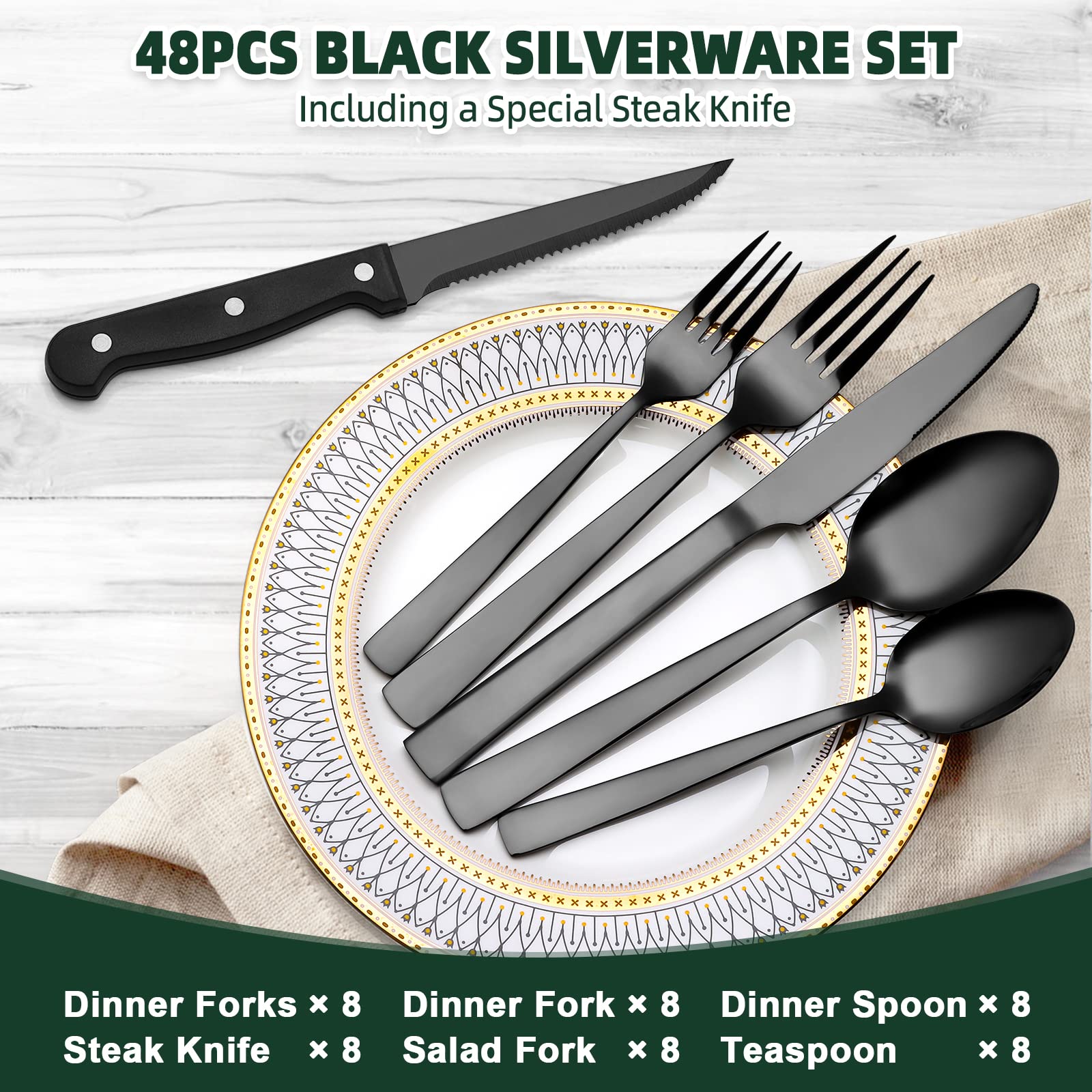 CEKEE black dinner knives with mirror finish elevate casual and formal dinners.