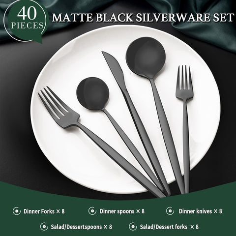 CEKEE matte black flatware close-up of the rounded handle design for comfortable grip.