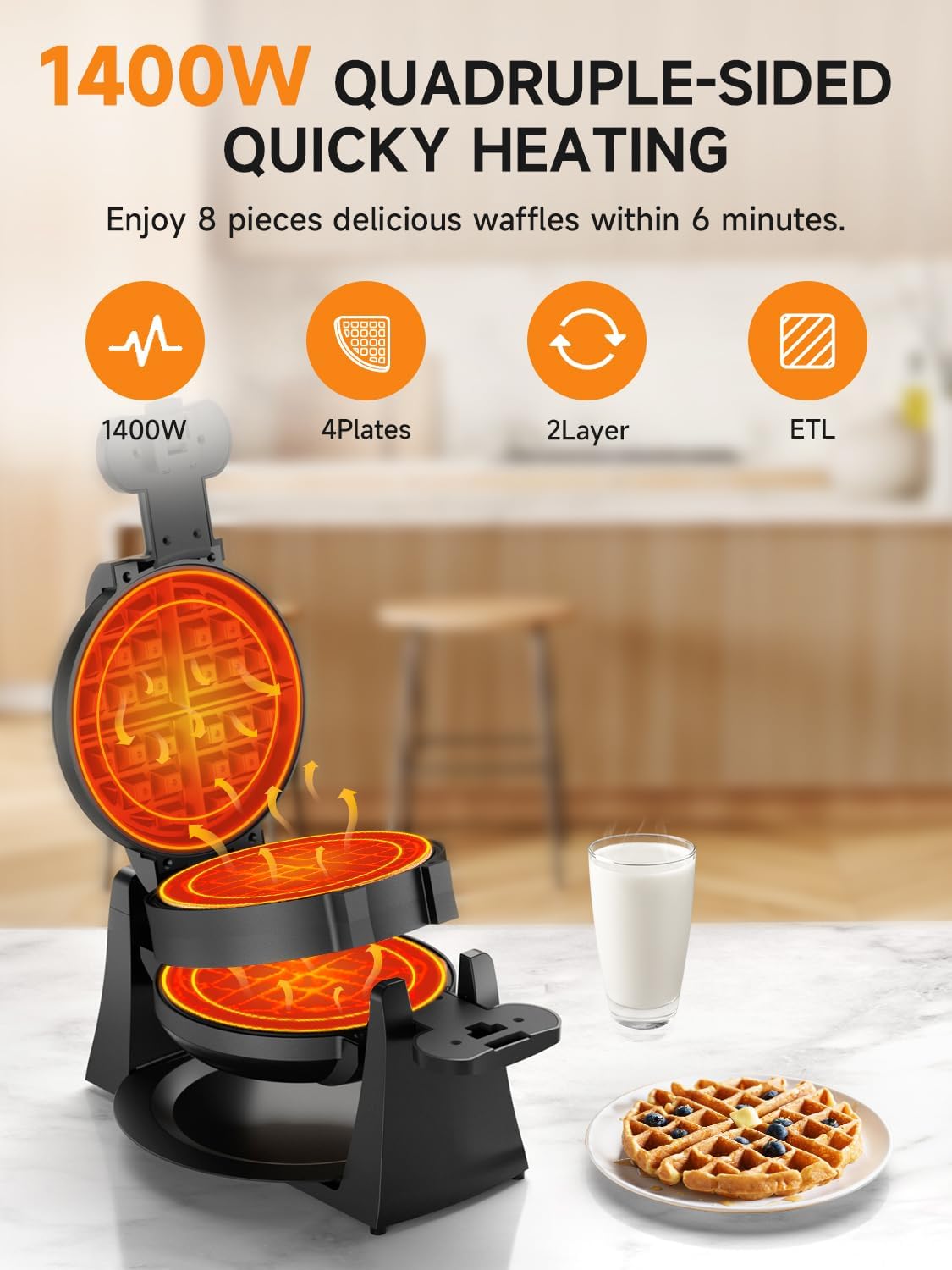 Celahapy rotating waffle plates promote thorough heat distribution for fluffy interiors