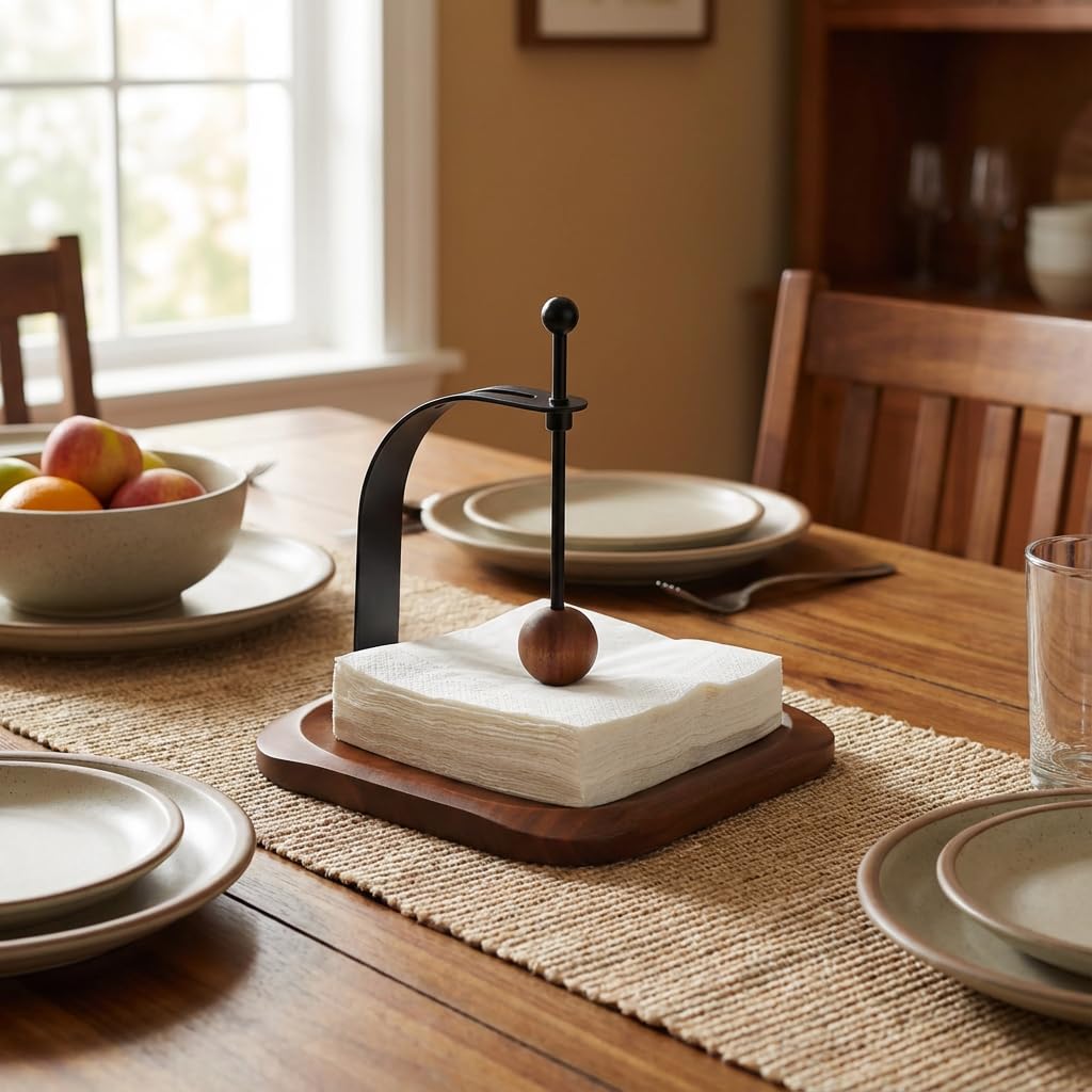 Celestree napkin holder with ballast arm, side view for stable, one-hand access.