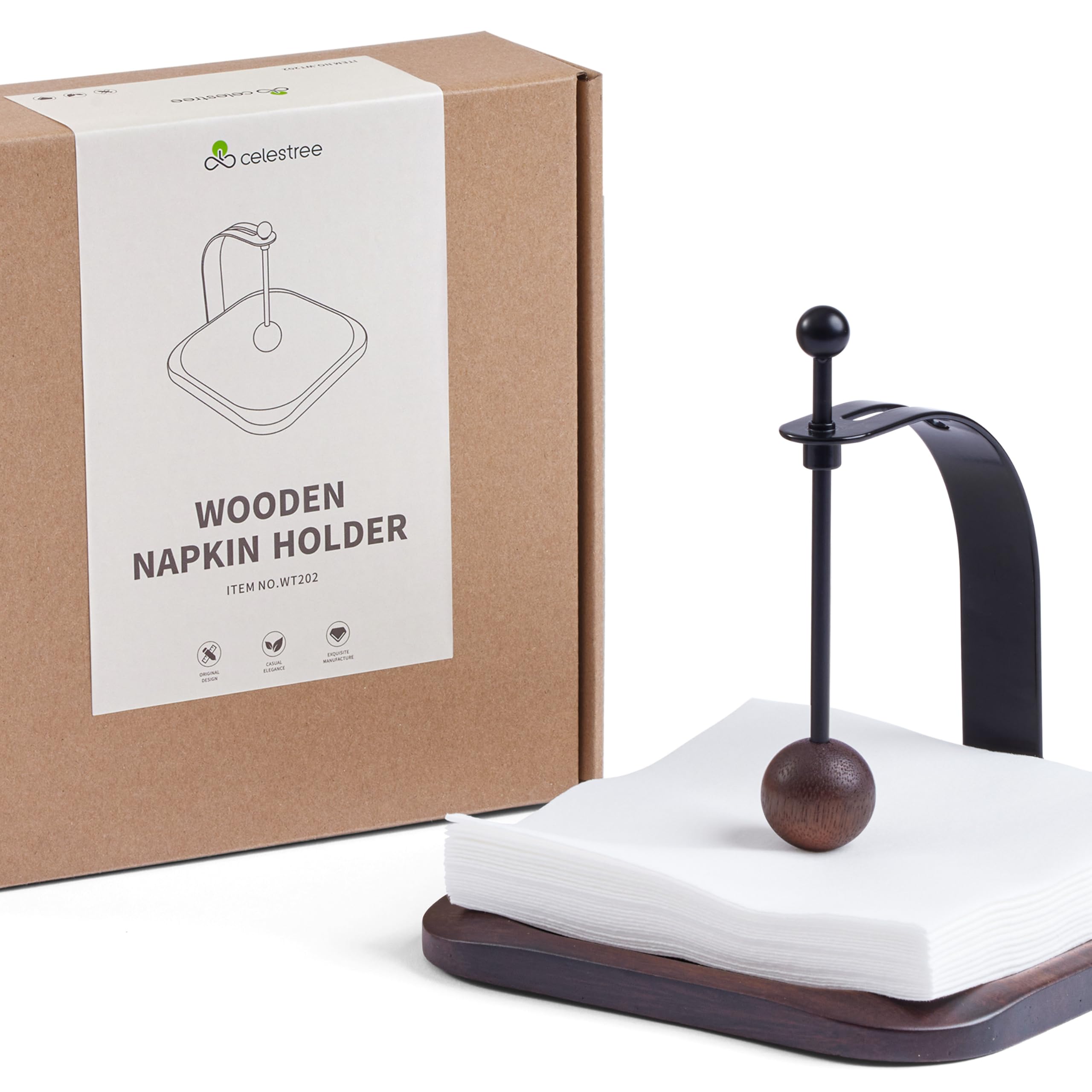 Celestree walnut wood napkin holder in a dining room setup.