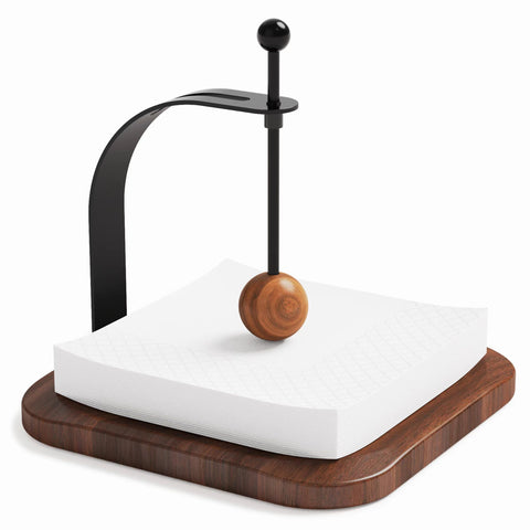 Celestree walnut napkin holder, front view, keeps napkins neatly organized at the table.