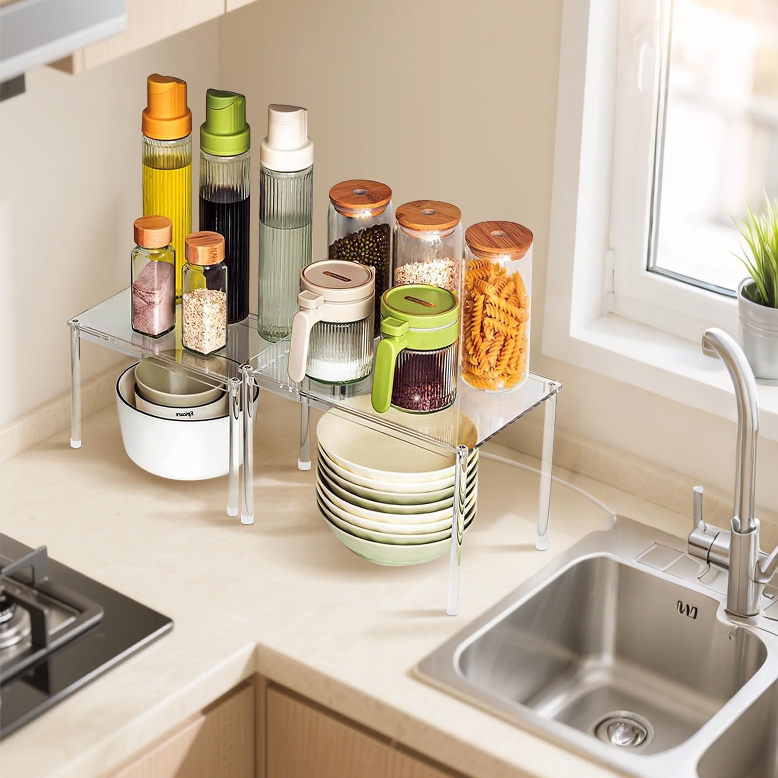 Celsisignis acrylic stackable shelves on countertop for extra levels and organized storage.