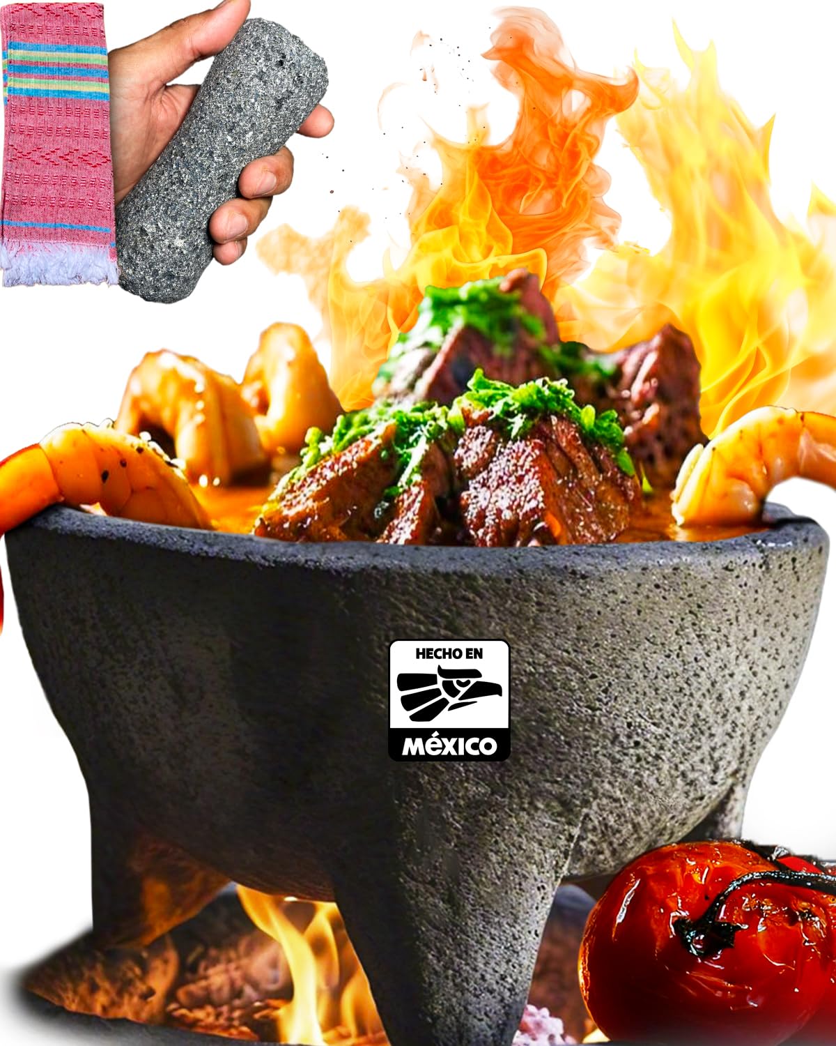 CEMPASUCHIL molcajete in volcanic rock, oven-safe for high-heat cooking.