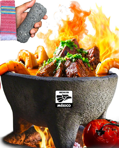 CEMPASUCHIL molcajete in volcanic rock, oven-safe for high-heat cooking.