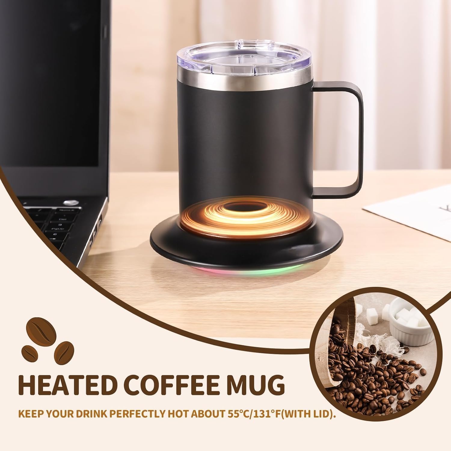 Cemsiupin power coaster illuminated while warming beverages