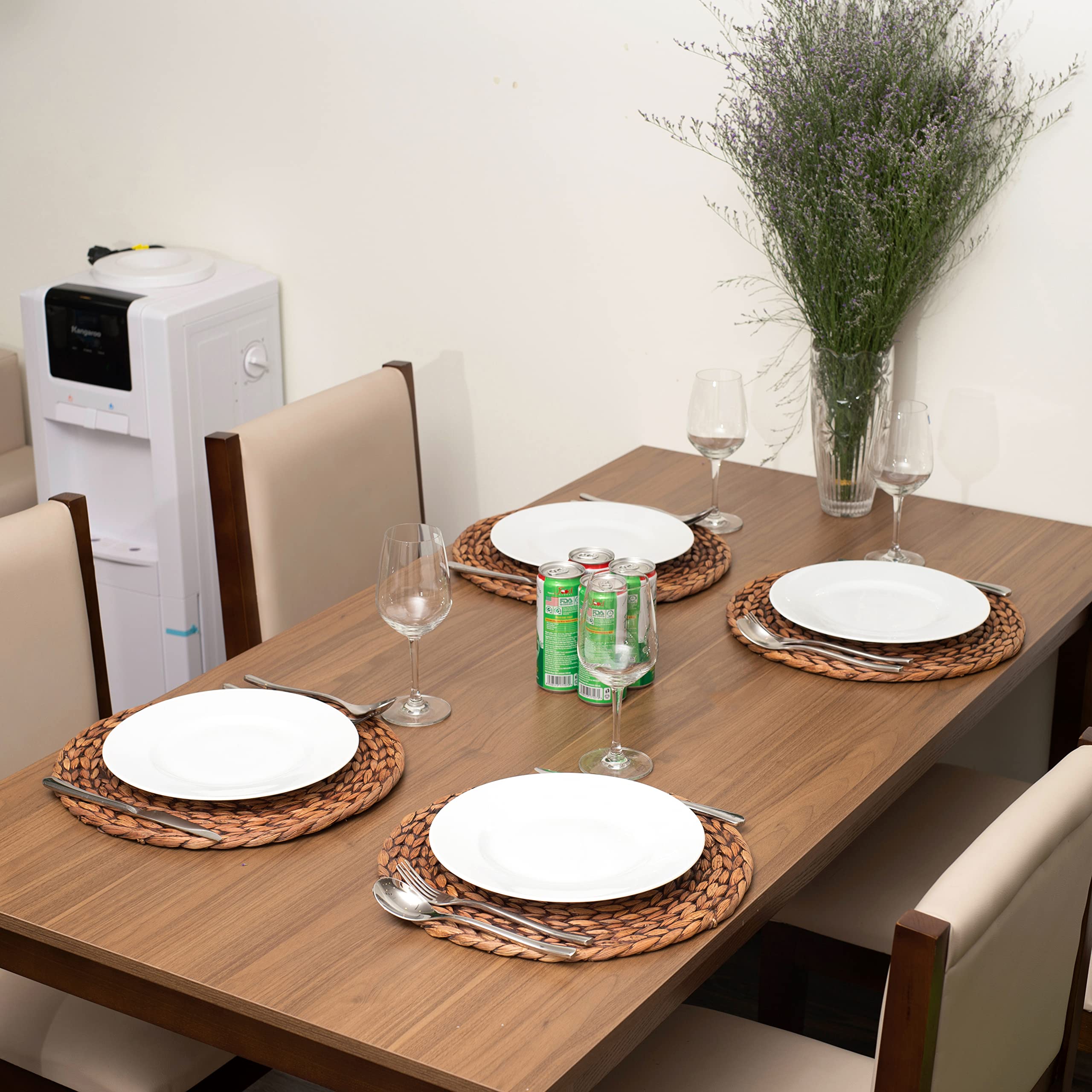 Holiday table setup featuring CENBOSS brown wash placemats.