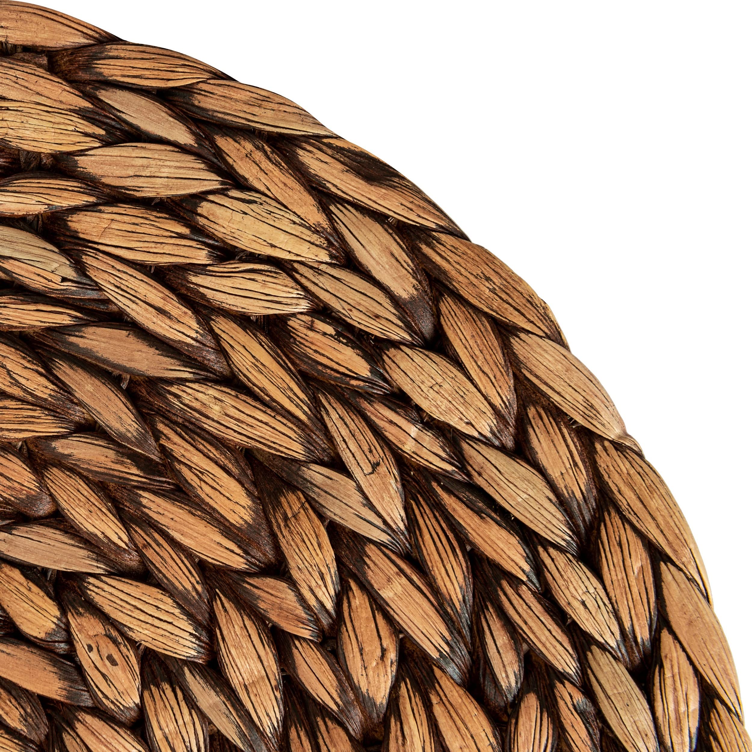 Close view of multiple CENBOSS round placemats in brown wash.