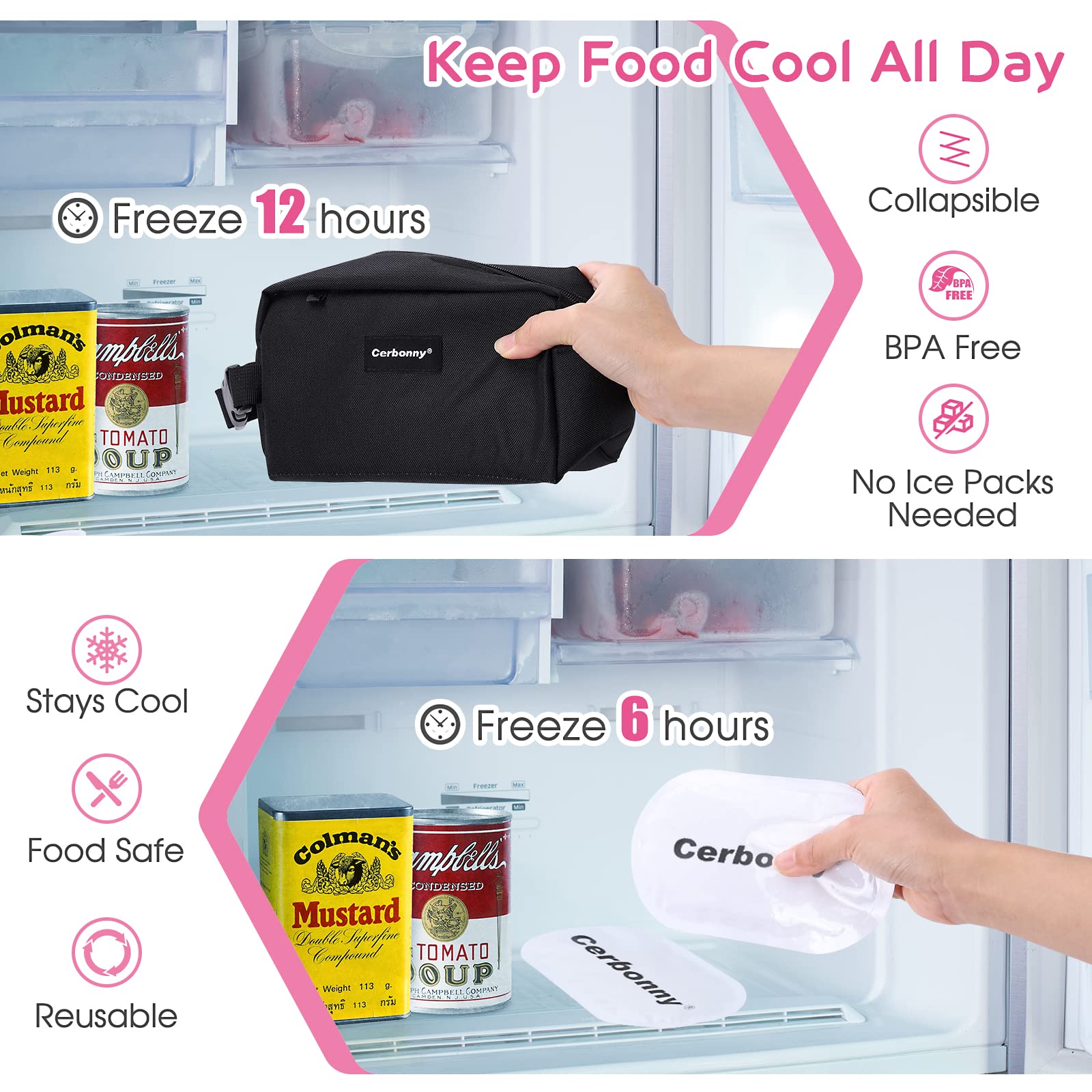 Cerbonny freezable bag with buckle handle for easy carrying.