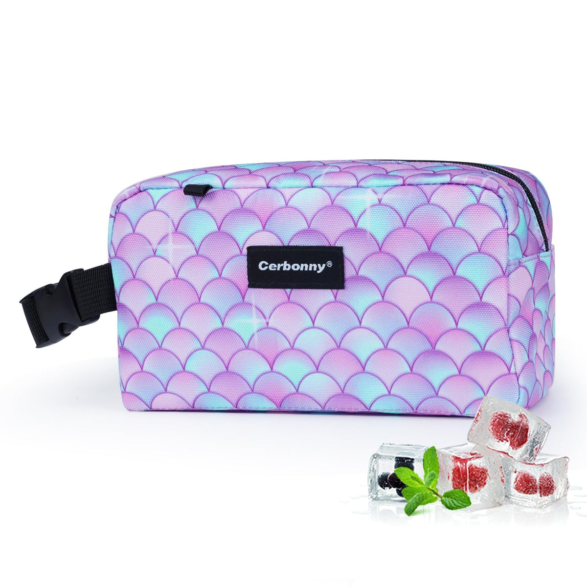 Cerbonny Freezable Cooler Bag with purple fish design, front view, ready for on-the-go packing