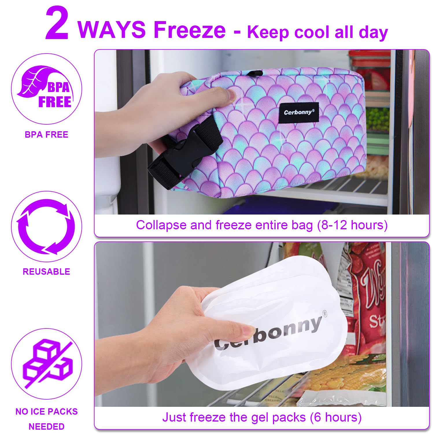 Cerbonny Freezable Cooler Bag demonstrates two freezing options for extended cooling