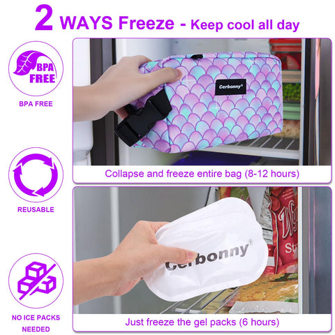 Cerbonny Freezable Cooler Bag demonstrates two freezing options for extended cooling