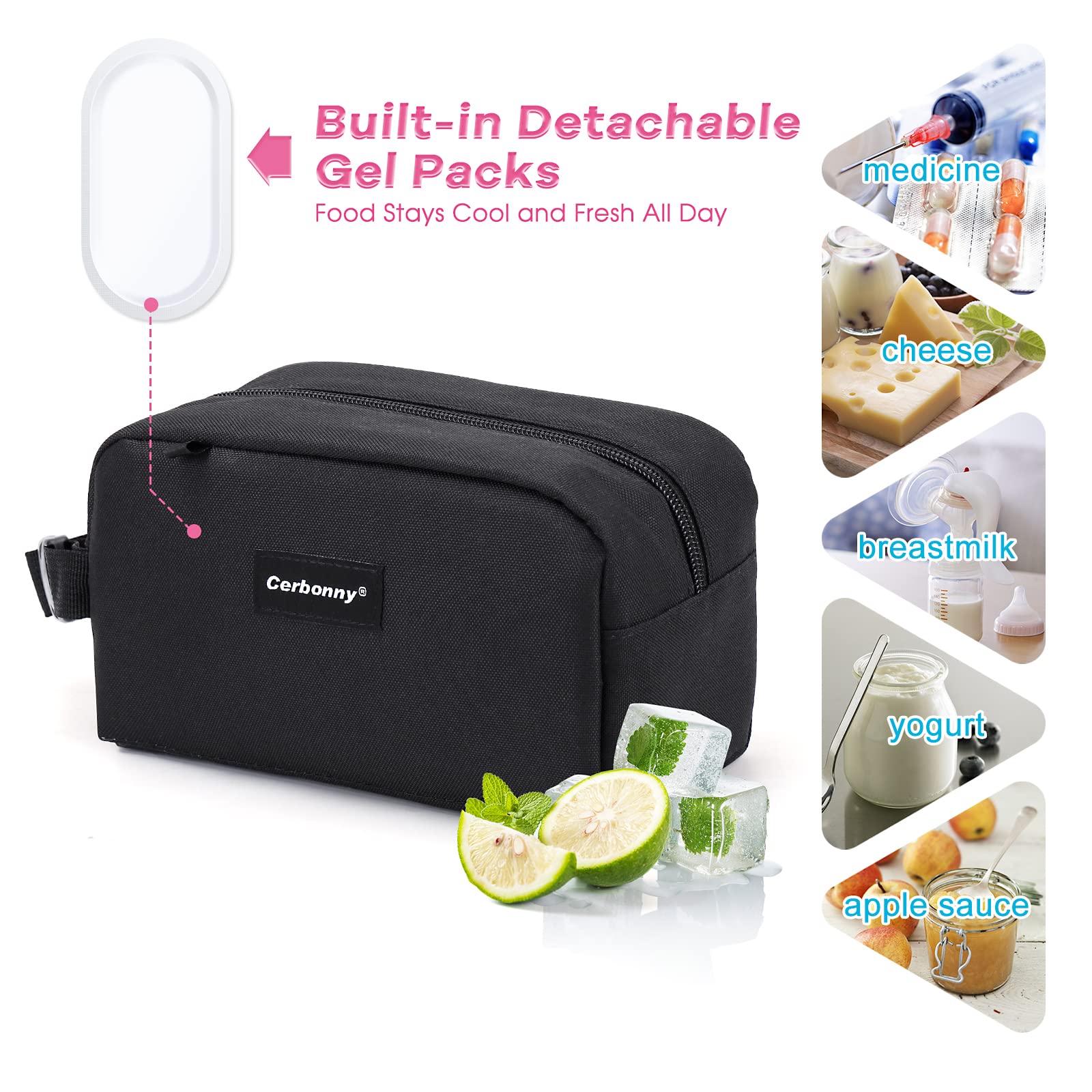 Cerbonny freezable lunch bag open with interior gel packs visible.