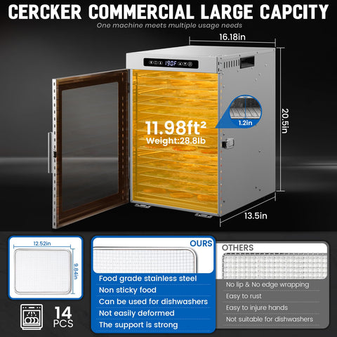 Cercker trays inside enable drying of vegetables, fruits, and meats