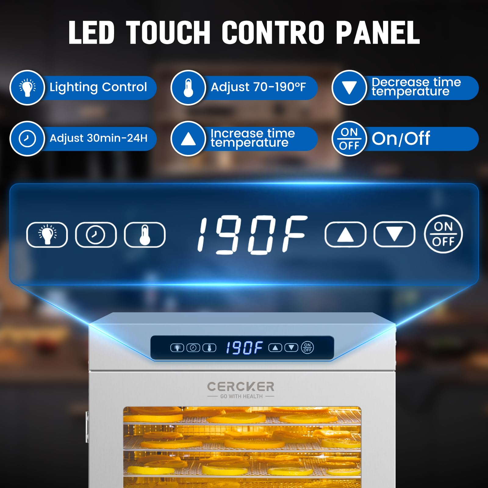 Cercker control panel offers precise temperature control for many foods