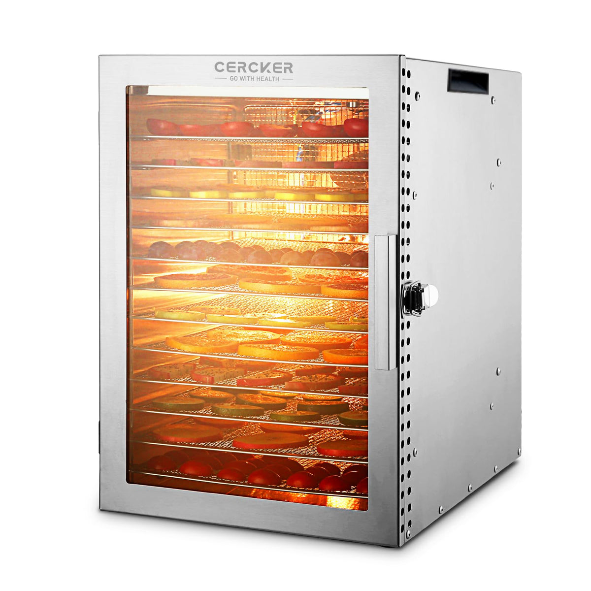 Cercker dehydrator front view with 12 trays ideal for jerky and fruit drying.