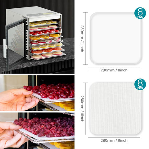Cercker mesh dryer mats ensure even heat for solid foods.