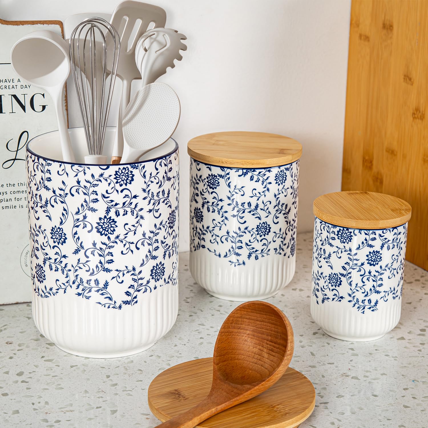 Stacked display of three sizes for varied pantry needs.