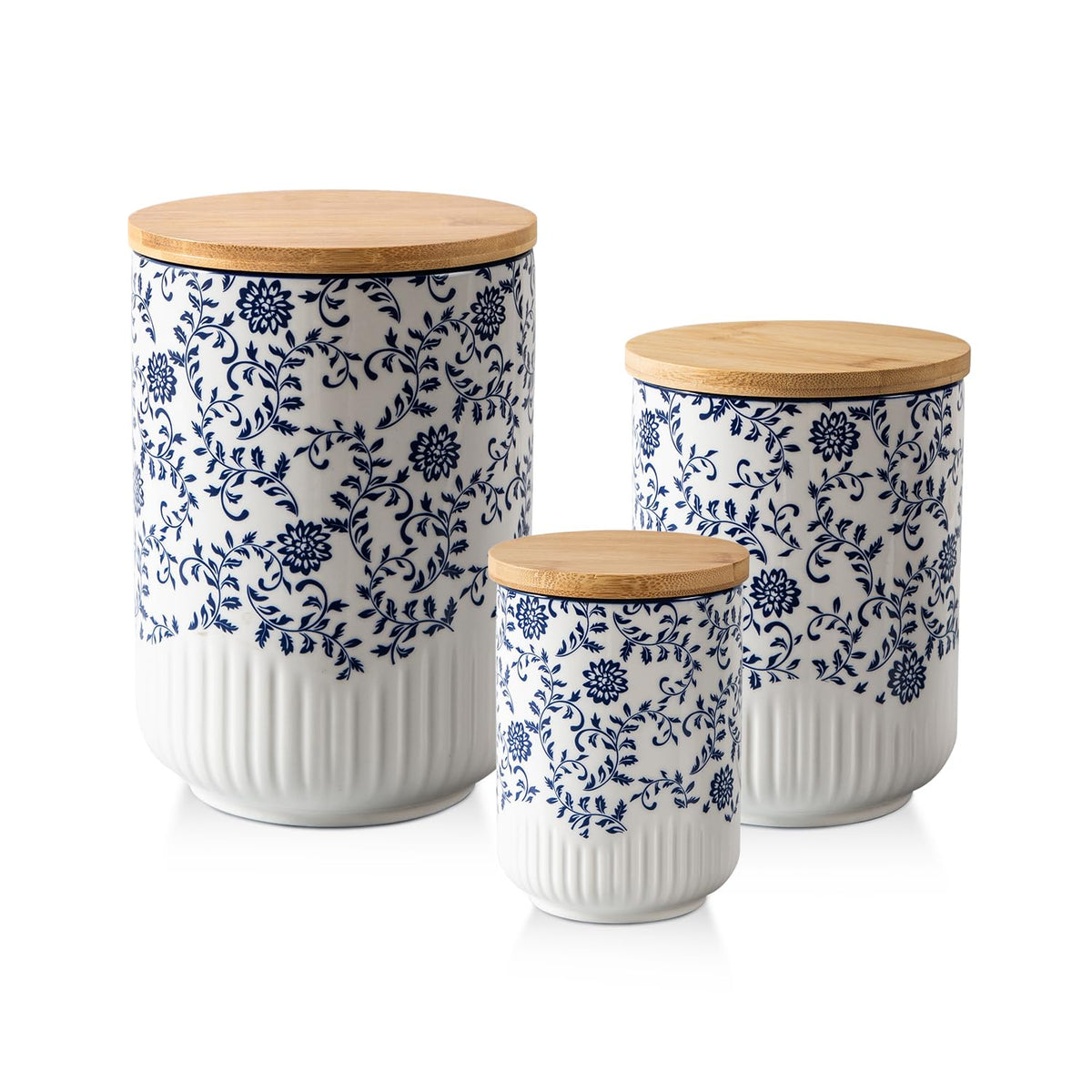 Cerkik blue ceramic canisters with wood lids front view for stylish countertop storage.