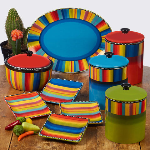 Sierra multicolor striped ceramic serveware for colorful table presentation.