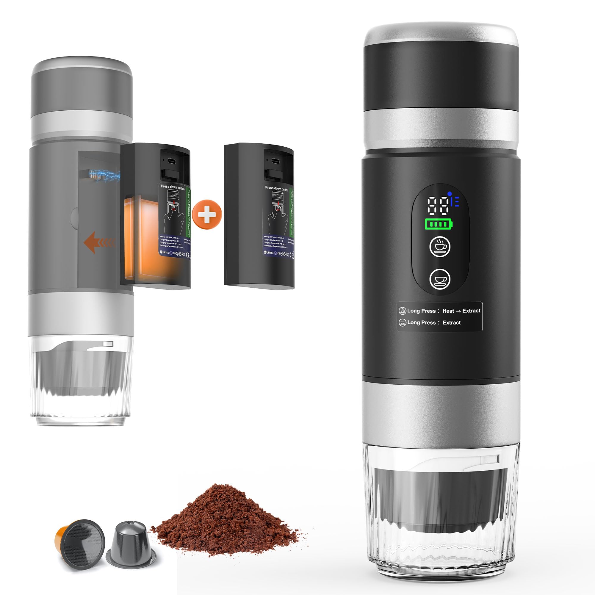 Ceshu portable coffee machine with dual batteries powering a hot 80 ml brew on the go.