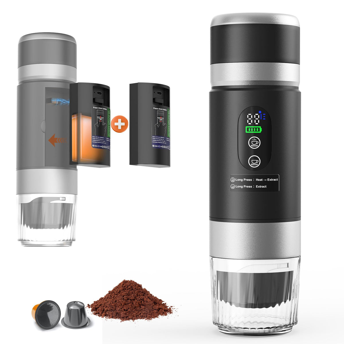 Ceshu portable coffee machine with dual batteries powering a hot 80 ml brew on the go.
