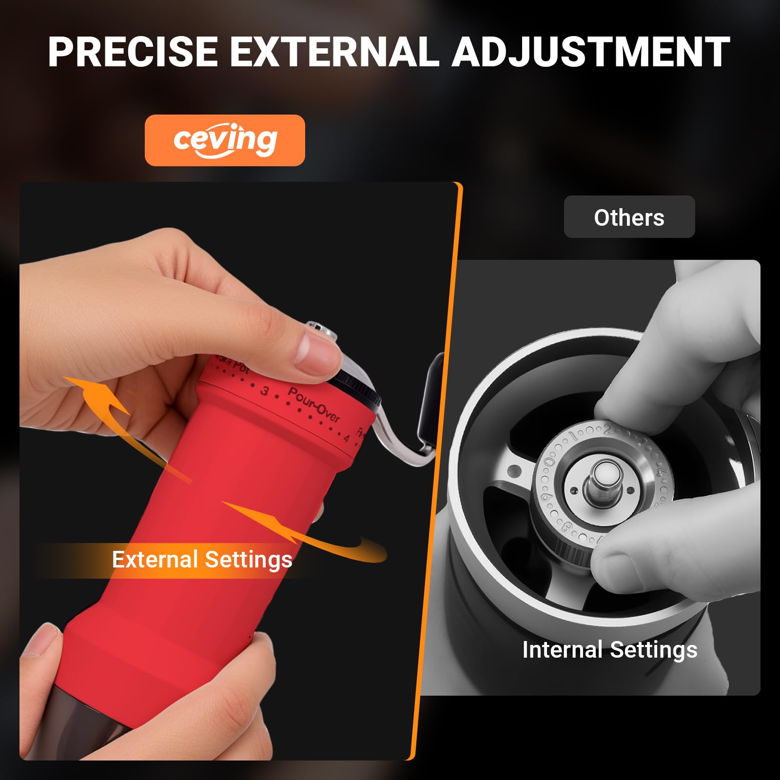 CEVING mini grinder ceramic burr close-up highlights cooler, uniform grind.