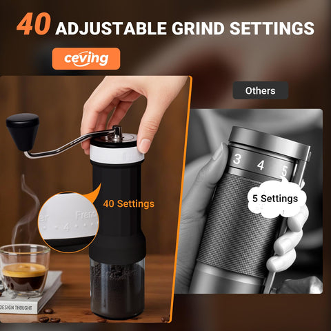 CEVING mini manual grinder portable design in compact form for travel and camping.