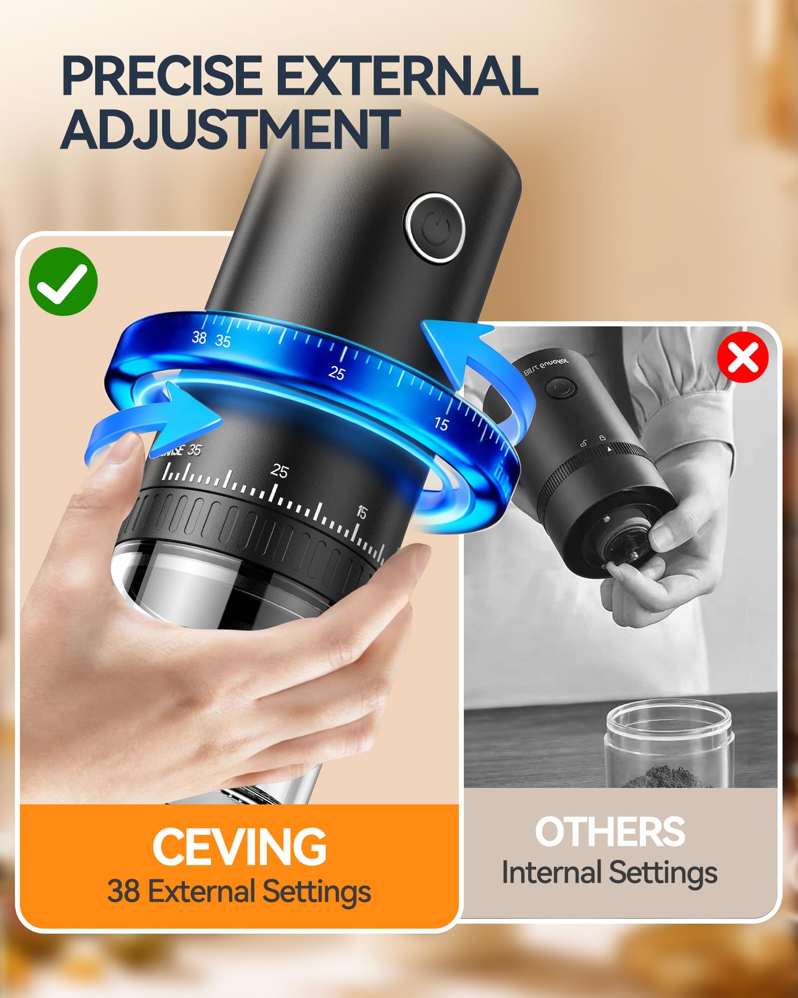 CEVING ProGrind X1 conical ceramic burrs ensure consistent flavor