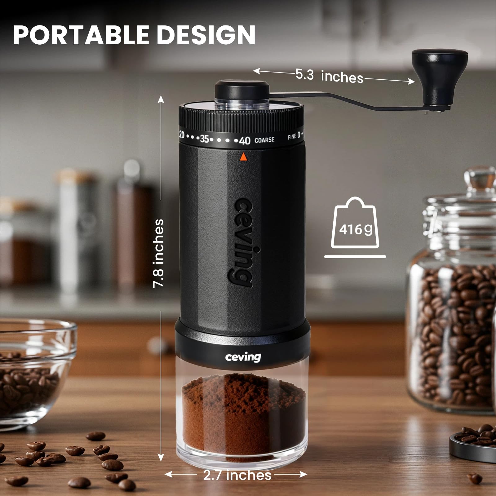 Compact travel-ready grinder fits in bags for camping or commuting.
