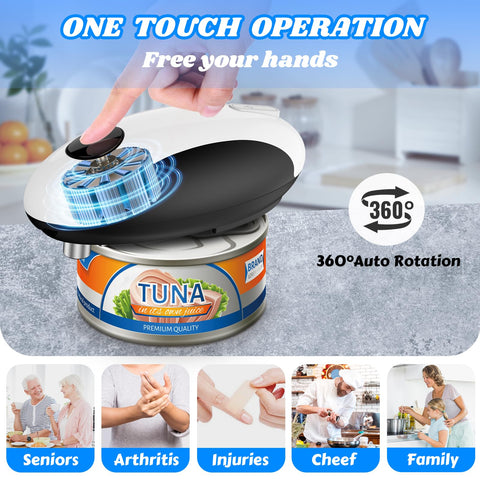 CEVING can opener in action with one-touch operation, effortless hands-free opening