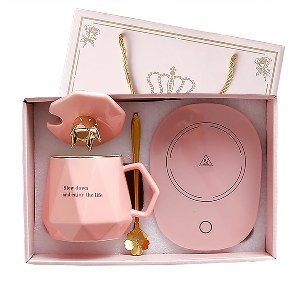 CGHWBEA coffee warmer on pink desk keeps drinks at 55°C for a comfortable sip