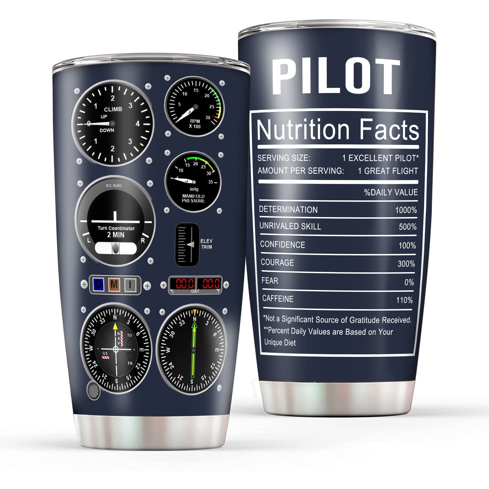 CGMIBAS 20oz pilot tumbler front view, durable steel keeps beverages fresh on flights.