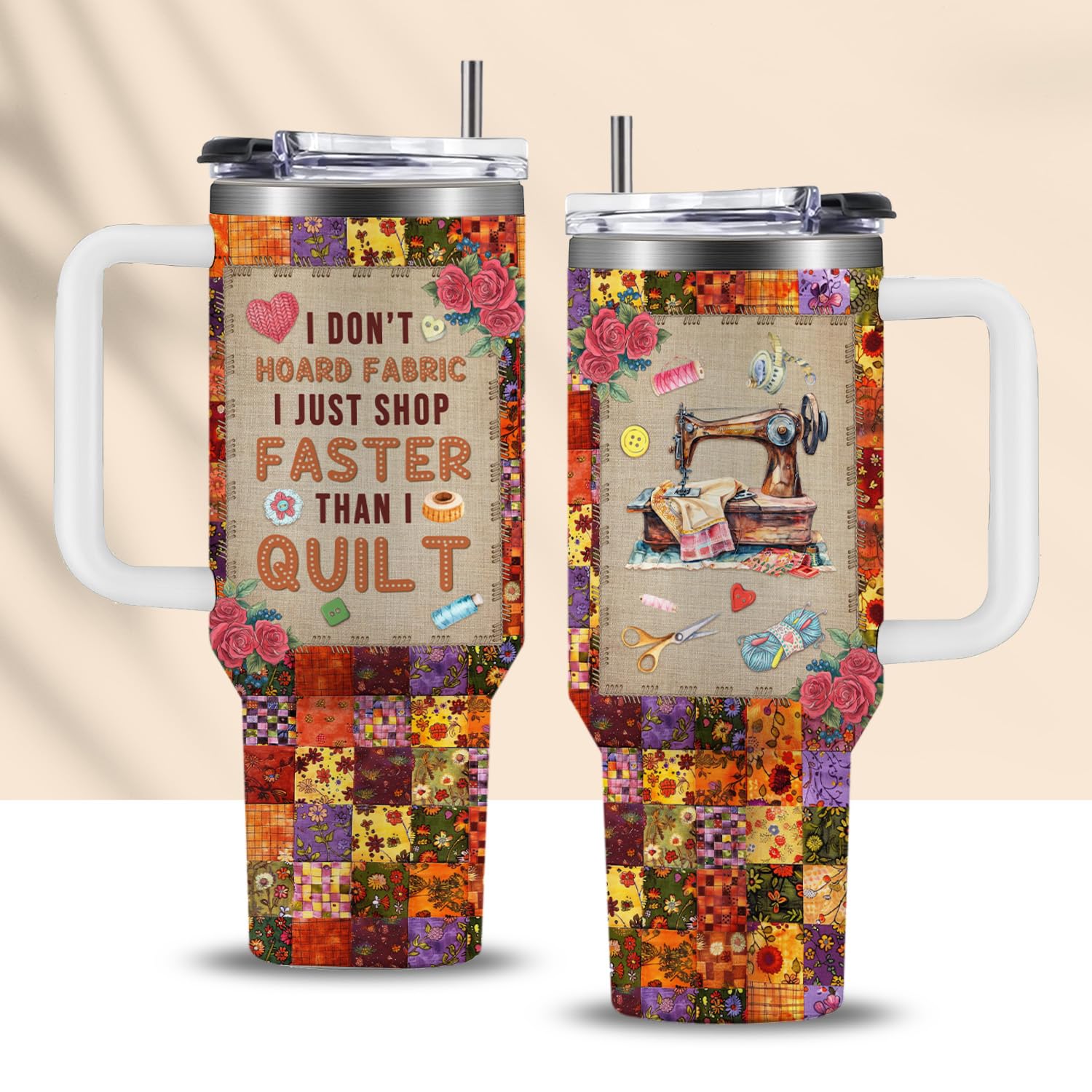 CGMIBAS funny sewing tumbler with quilter quote, ideal for fabric lovers during long projects.