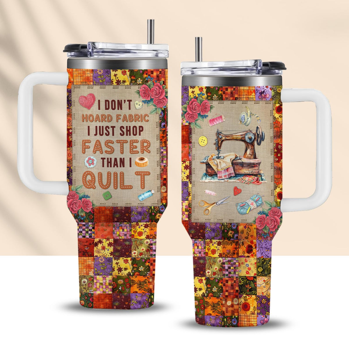 CGMIBAS funny sewing tumbler with quilter quote, ideal for fabric lovers during long projects.